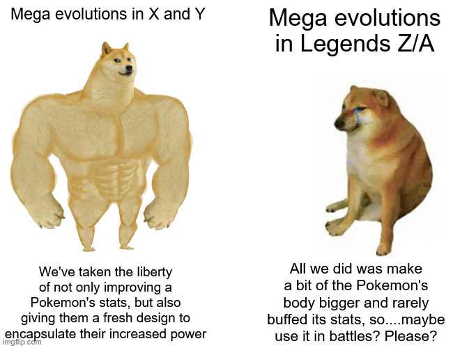 True? | Mega evolutions in X and Y; Mega evolutions in Legends Z/A; We've taken the liberty of not only improving a Pokemon's stats, but also giving them a fresh design to encapsulate their increased power; All we did was make a bit of the Pokemon's body bigger and rarely buffed its stats, so....maybe use it in battles? Please? | image tagged in memes,buff doge vs cheems,pokemon | made w/ Imgflip meme maker