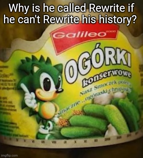 Sonic Pickles | Why is he called Rewrite if he can't Rewrite his history? | image tagged in sonic pickles | made w/ Imgflip meme maker