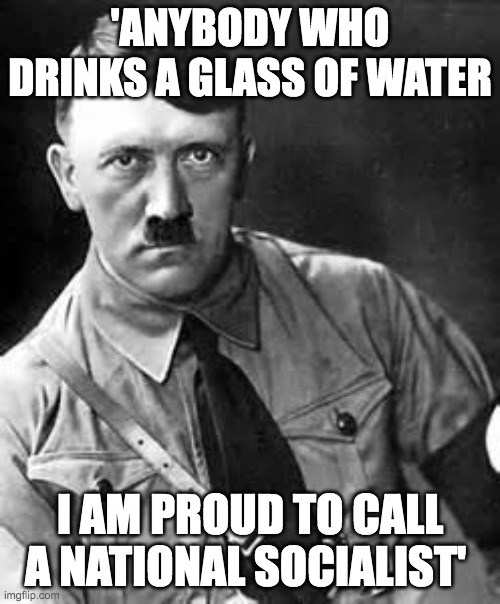 Everyobody who disagrees with me politically is a marxist/fascist/anarchist/whatever the hell | 'ANYBODY WHO DRINKS A GLASS OF WATER; I AM PROUD TO CALL A NATIONAL SOCIALIST' | image tagged in adolf hitler | made w/ Imgflip meme maker