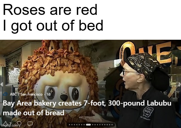 I found this on a news article and knew I had to make a meme out of it. Labubu craze is out of hand. | Roses are red
I got out of bed | image tagged in fun,labubu,random,bread,what,why | made w/ Imgflip meme maker