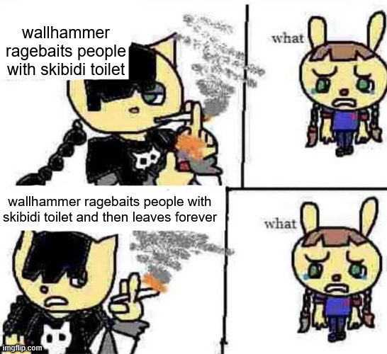 wallhammer ragebaits people with skibidi toilet; wallhammer ragebaits people with skibidi toilet and then leaves forever | made w/ Imgflip meme maker