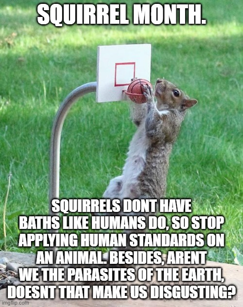 Squirrel awarness month, go get your own crowd | SQUIRREL MONTH. SQUIRRELS DONT HAVE BATHS LIKE HUMANS DO, SO STOP APPLYING HUMAN STANDARDS ON AN ANIMAL. BESIDES, ARENT WE THE PARASITES OF THE EARTH, DOESNT THAT MAKE US DISGUSTING? | image tagged in squirrel basketball | made w/ Imgflip meme maker