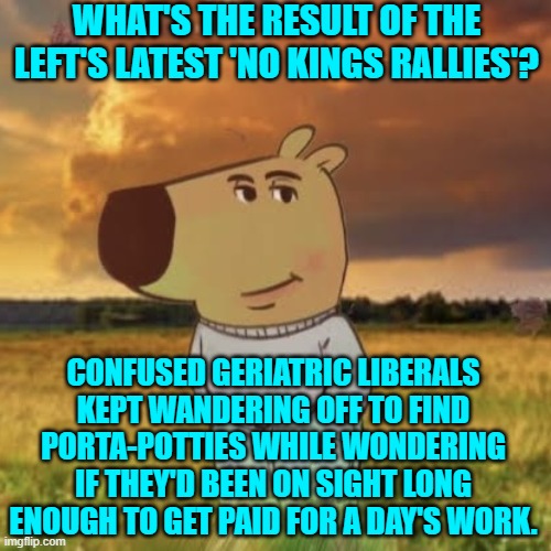 All in a day's work . . . eh, leftists? | WHAT'S THE RESULT OF THE LEFT'S LATEST 'NO KINGS RALLIES'? CONFUSED GERIATRIC LIBERALS KEPT WANDERING OFF TO FIND PORTA-POTTIES WHILE WONDERING IF THEY'D BEEN ON SIGHT LONG ENOUGH TO GET PAID FOR A DAY'S WORK. | image tagged in chill guy | made w/ Imgflip meme maker