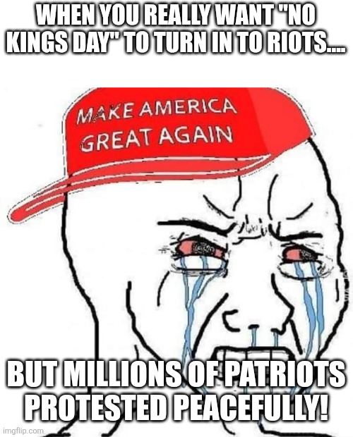 No kings day | WHEN YOU REALLY WANT "NO KINGS DAY" TO TURN IN TO RIOTS.... BUT MILLIONS OF PATRIOTS PROTESTED PEACEFULLY! | image tagged in protest,maga,donald trump,trump,nevertrump,trump sucks | made w/ Imgflip meme maker