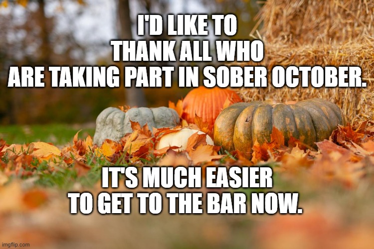Sober October | I'D LIKE TO THANK ALL WHO ARE TAKING PART IN SOBER OCTOBER. IT'S MUCH EASIER TO GET TO THE BAR NOW. | image tagged in sober october | made w/ Imgflip meme maker