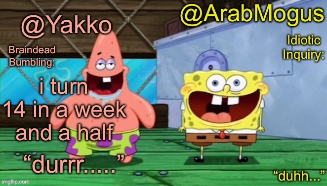 Yakko and ArabMogus’s shared temp | i turn 14 in a week and a half | image tagged in yakko and arabmogus s shared temp | made w/ Imgflip meme maker