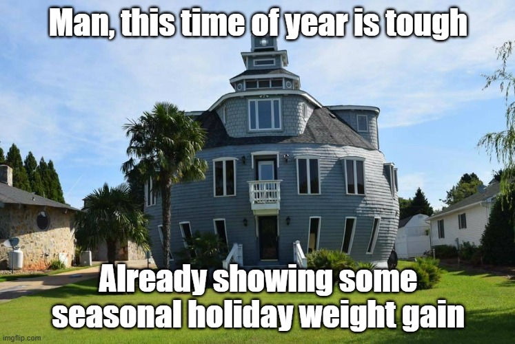 Holiday Weight | Man, this time of year is tough; Already showing some seasonal holiday weight gain | image tagged in holidays,weight gain,eating,house | made w/ Imgflip meme maker