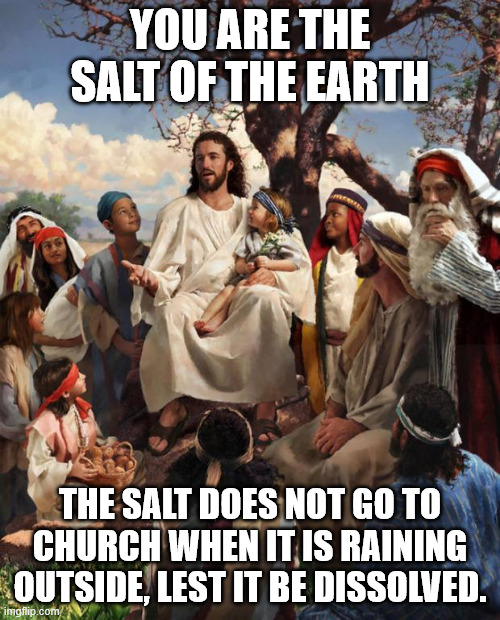 Salt of the earth | YOU ARE THE SALT OF THE EARTH; THE SALT DOES NOT GO TO CHURCH WHEN IT IS RAINING OUTSIDE, LEST IT BE DISSOLVED. | image tagged in story time jesus,salt,church | made w/ Imgflip meme maker