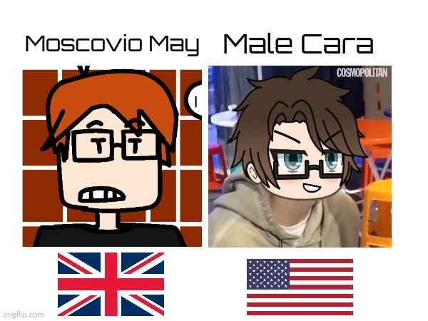 Moscovio May speaks in a British accent whilst Male Cara speaks in an American accent. | Male Cara; Moscovio May | image tagged in moscovio may,male cara,british,american,accent,mc | made w/ Imgflip meme maker