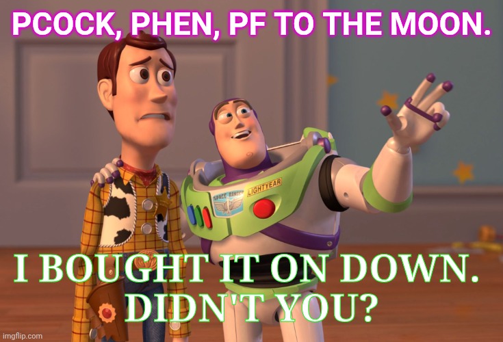 X, X Everywhere Meme | PCOCK, PHEN, PF TO THE MOON. I BOUGHT IT ON DOWN. 
DIDN'T YOU? | image tagged in memes,x x everywhere | made w/ Imgflip meme maker