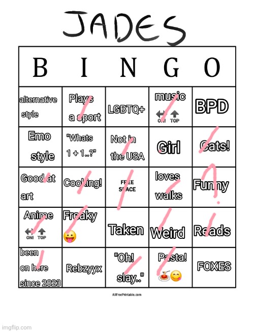 Jade's bingo | image tagged in jade's bingo | made w/ Imgflip meme maker
