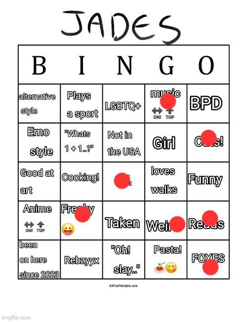 Jade's bingo | image tagged in jade's bingo | made w/ Imgflip meme maker