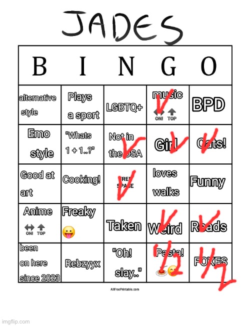 Jade's bingo | image tagged in jade's bingo | made w/ Imgflip meme maker