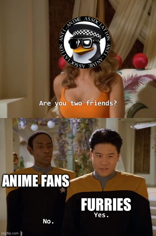 The AAA is anti furry | ANIME FANS; FURRIES | image tagged in are you two friends | made w/ Imgflip meme maker