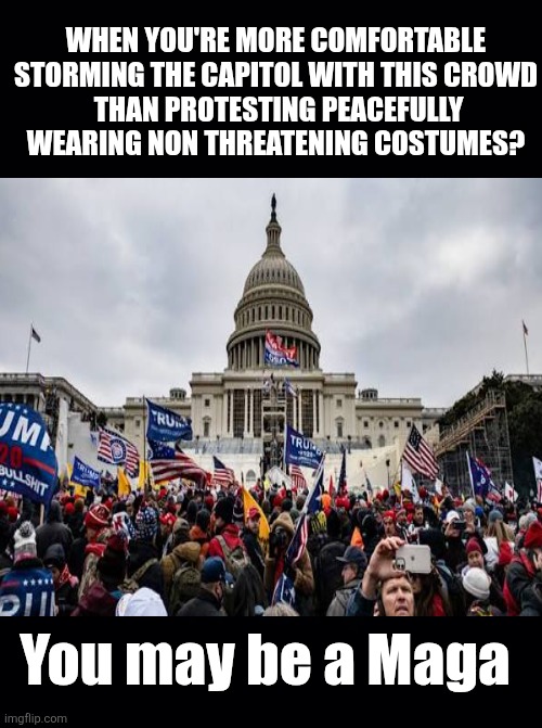 Maga Jan 6th Protest Vs No Kings Protest | WHEN YOU'RE MORE COMFORTABLE STORMING THE CAPITOL WITH THIS CROWD
 THAN PROTESTING PEACEFULLY WEARING NON THREATENING COSTUMES? You may be a Maga | image tagged in trump violence,maga violence,no kings protest non violent,costumes,non threatening | made w/ Imgflip meme maker