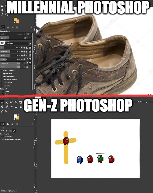 Photoshop | MILLENNIAL PHOTOSHOP; GEN-Z PHOTOSHOP | image tagged in gen z humor,among us,millenials | made w/ Imgflip meme maker