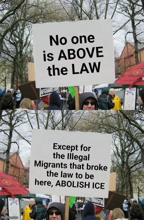 No one is ABOVE the LAW; Except for the Illegal Migrants that broke the law to be here, ABOLISH ICE | image tagged in protest sign meme | made w/ Imgflip meme maker