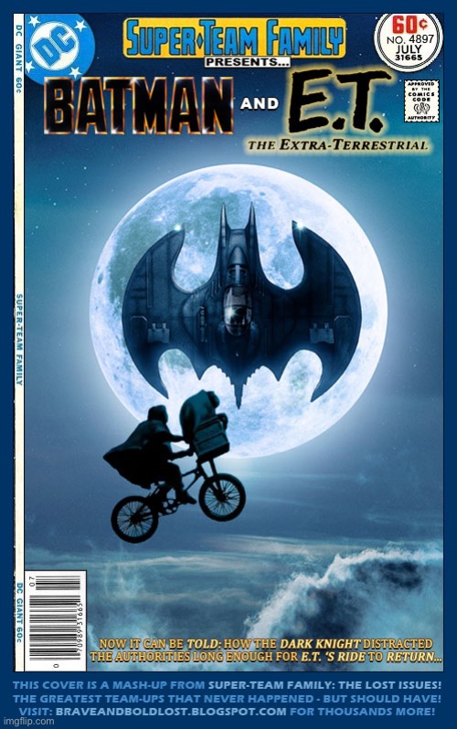 E.T. phones home and gets The Dark Knight’s help… | image tagged in batman,extra terrestrial,crossover,dc comics,elliot,help | made w/ Imgflip meme maker