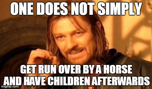 ONE DOES NOT SIMPLY GET RUN OVER BY A HORSE AND HAVE CHILDREN AFTERWARDS | image tagged in memes,one does not simply | made w/ Imgflip meme maker