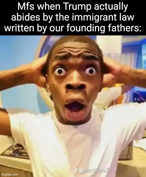 Trump is everyone's pookie | Mfs when Trump actually abides by the immigrant law written by our founding fathers: | image tagged in shocked black guy,trump,so true | made w/ Imgflip meme maker