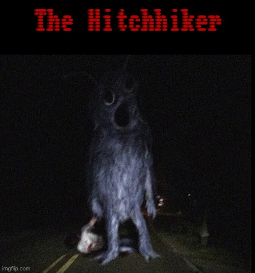 The Hitchhiker | The Hitchhiker | image tagged in hitchhiker,cursed images,creepy guy,paranormal,scary things,time to die | made w/ Imgflip meme maker