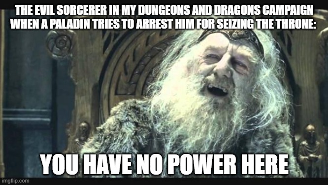You have no power here | THE EVIL SORCERER IN MY DUNGEONS AND DRAGONS CAMPAIGN WHEN A PALADIN TRIES TO ARREST HIM FOR SEIZING THE THRONE:; YOU HAVE NO POWER HERE | image tagged in you have no power here | made w/ Imgflip meme maker