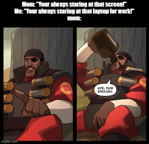 Aye Fair Enough | Mom: "Your always staring at that screen!"
Me: "Your always staring at that laptop for work!"
mom: | image tagged in aye fair enough | made w/ Imgflip meme maker