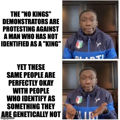 It's That Simple | THE "NO KINGS" DEMONSTRATORS ARE PROTESTING AGAINST A MAN WHO HAS NOT IDENTIFIED AS A "KING"; YET THESE SAME PEOPLE ARE PERFECTLY OKAY WITH PEOPLE WHO IDENTIFY AS SOMETHING THEY ARE GENETICALLY NOT | image tagged in it's that simple | made w/ Imgflip meme maker