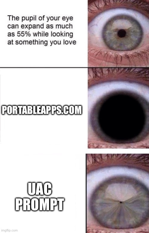 this isnt an ad i swear | PORTABLEAPPS.COM; UAC PROMPT | image tagged in pupil shrinking and growing | made w/ Imgflip meme maker
