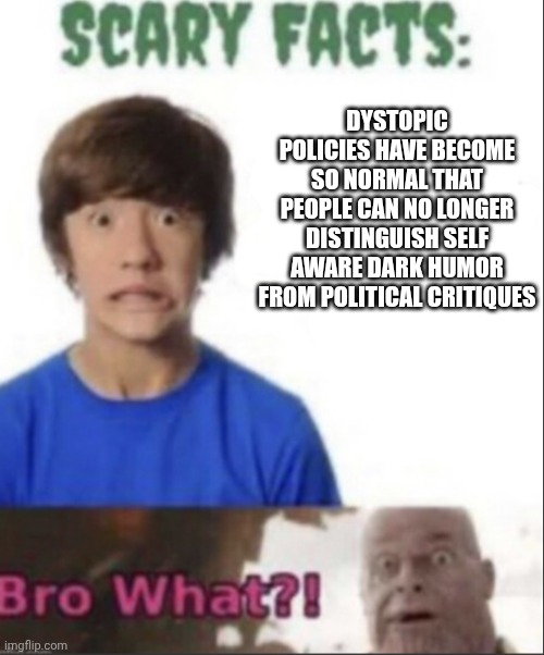 Another scary fact: This very meme was rejected from the Dark humour stream for "being a political meme". | DYSTOPIC POLICIES HAVE BECOME SO NORMAL THAT PEOPLE CAN NO LONGER DISTINGUISH SELF AWARE DARK HUMOR FROM POLITICAL CRITIQUES | image tagged in scary facts | made w/ Imgflip meme maker