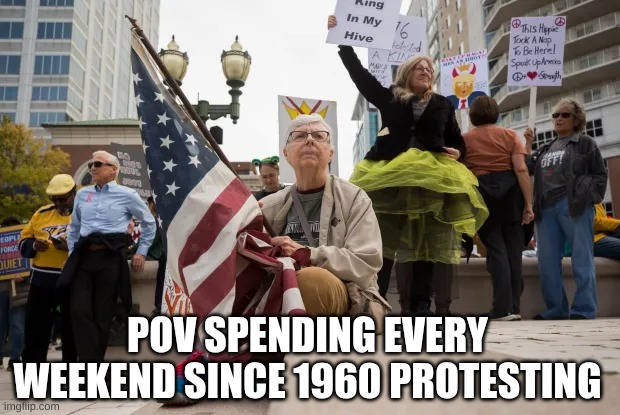 No Kings protest meme | POV SPENDING EVERY WEEKEND SINCE 1960 PROTESTING | image tagged in memes,no kings,woke,politics,trump,maga | made w/ Imgflip meme maker