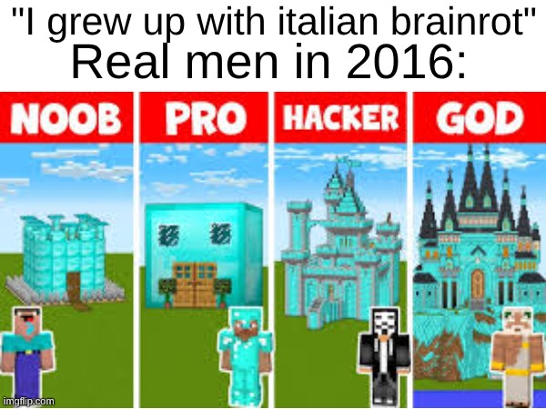 This was peak back in the day... | "I grew up with italian brainrot"; Real men in 2016: | image tagged in relatable | made w/ Imgflip meme maker