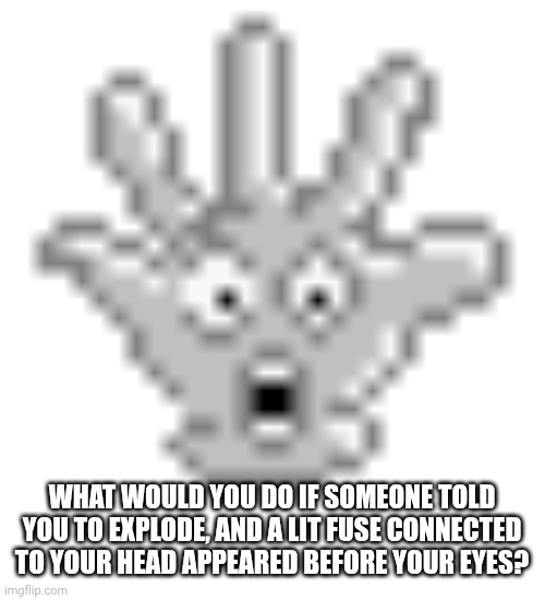 Gnat Attack killed my Hand | WHAT WOULD YOU DO IF SOMEONE TOLD YOU TO EXPLODE, AND A LIT FUSE CONNECTED TO YOUR HEAD APPEARED BEFORE YOUR EYES? | image tagged in hand death,death of hand,hand has deathed,death to hand,death got hand,hand claimed by death | made w/ Imgflip meme maker