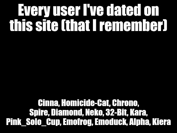 I used to be a ho wth mane </3 | Every user I've dated on this site (that I remember); Cinna, Homicide-Cat, Chrono, Spire, Diamond, Neko, 32-Bit, Kara, Pink_Solo_Cup, Emofrog, Emoduck, Alpha, Kiera | made w/ Imgflip meme maker