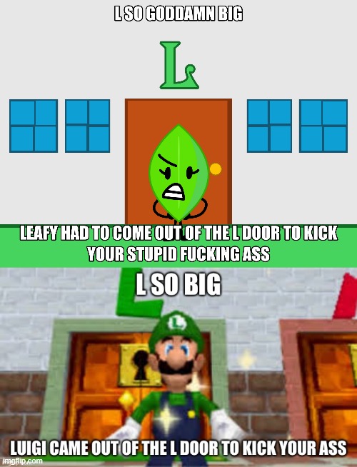 image tagged in l so big leafy had to come out of the l door to kick your ass,l so big luigi came out the l door to kick your ass | made w/ Imgflip meme maker