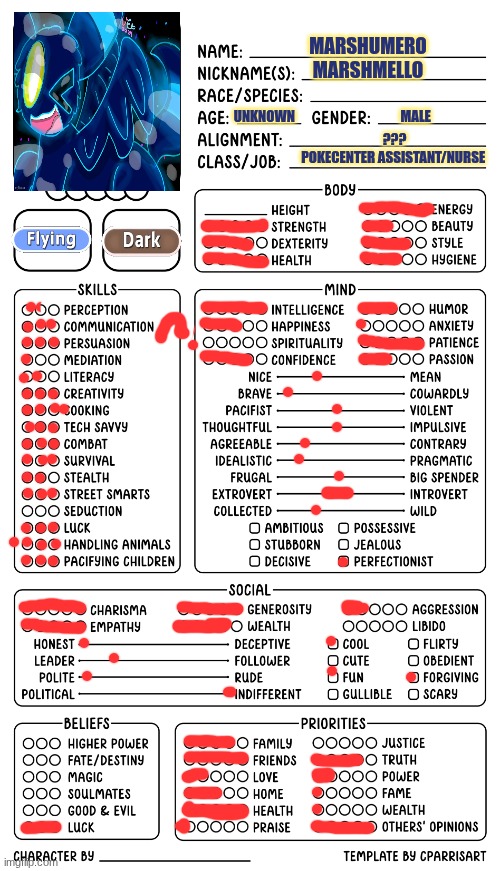 Btw he works like a Chansey kinda but works out back at the daycare training Pokemon, taking care of the eggs and other stuff | MARSHUMERO

MARSHMELLO; UNKNOWN                                        MALE; ???
POKECENTER ASSISTANT/NURSE | image tagged in character sheet by cparrisart | made w/ Imgflip meme maker