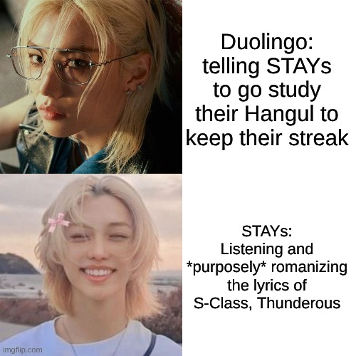 This is us stays | Duolingo: telling STAYs to go study their Hangul to keep their streak; STAYs: Listening and *purposely* romanizing the lyrics of S-Class, Thunderous | image tagged in memes,drake hotline bling,happy | made w/ Imgflip meme maker