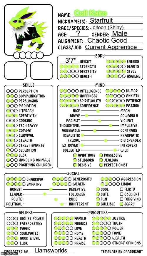 I already made one for him a long time ago, but here's a new one | Colt Kairo; Starfruit; Jolteon (Shiny); ? Male; Chaotic Good; Current Apprentice; 3'7"; Liamsworlds | image tagged in character sheet by cparrisart,colt,jolteon | made w/ Imgflip meme maker