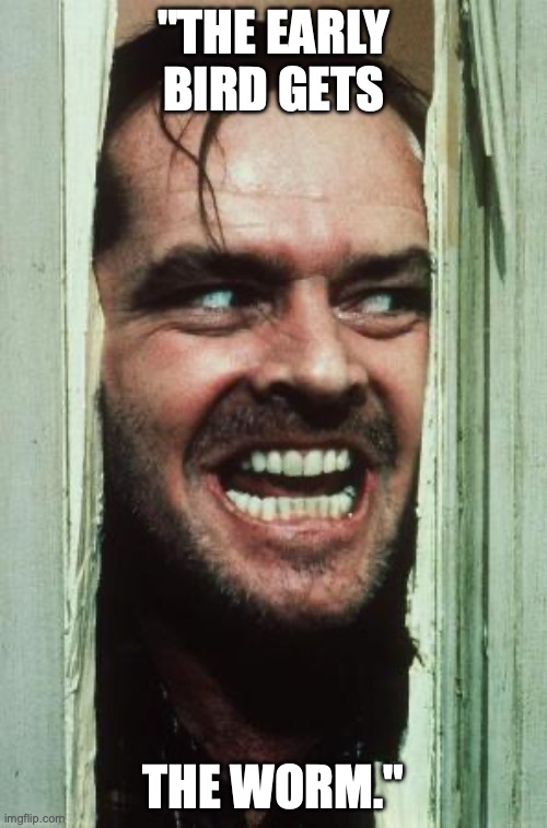 Here's Johnny Meme | "THE EARLY BIRD GETS; THE WORM." | image tagged in memes,here's johnny | made w/ Imgflip meme maker