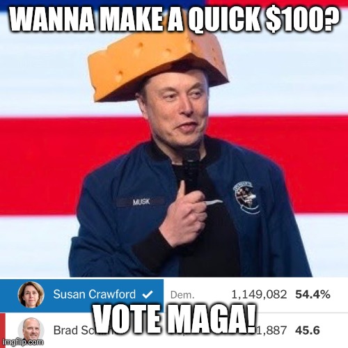 Muskrat Lost his Cheese | WANNA MAKE A QUICK $100? VOTE MAGA! | image tagged in muskrat lost his cheese | made w/ Imgflip meme maker