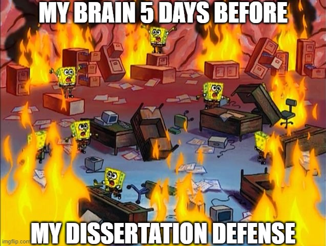 Of Course I'm Not Worried! | MY BRAIN 5 DAYS BEFORE; MY DISSERTATION DEFENSE | image tagged in spongebob fire,grad school,phd,dissertation | made w/ Imgflip meme maker