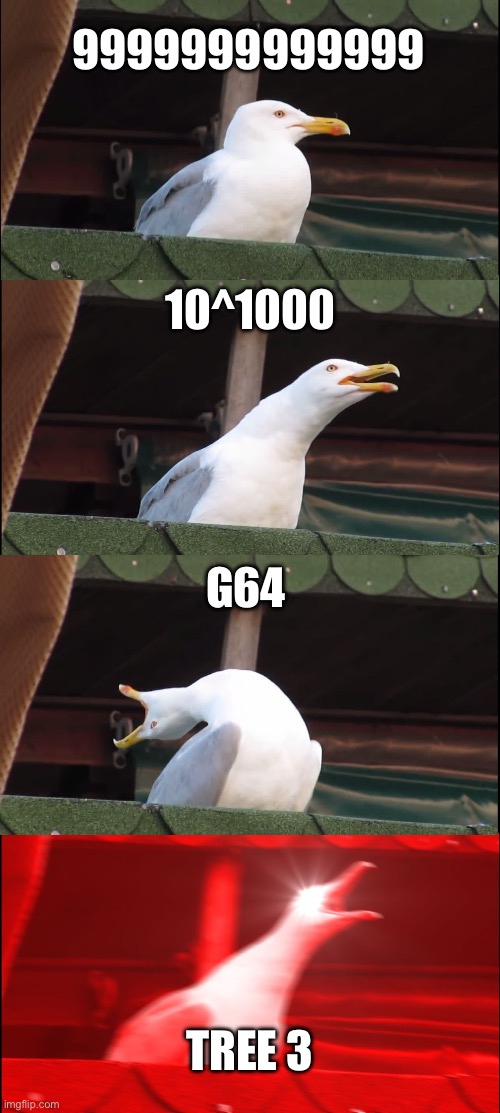 big numbers | 9999999999999; 10^1000; G64; TREE 3 | image tagged in memes,inhaling seagull | made w/ Imgflip meme maker