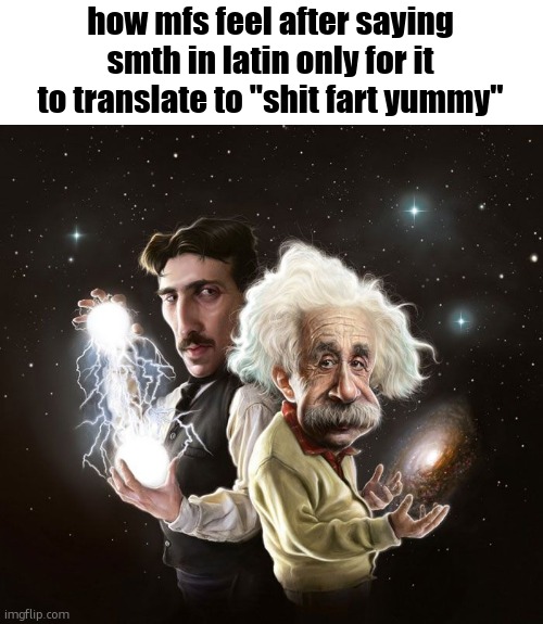 Nikola Tesla & Albert Einstein | how mfs feel after saying smth in latin only for it to translate to "shit fart yummy" | image tagged in nikola tesla albert einstein | made w/ Imgflip meme maker