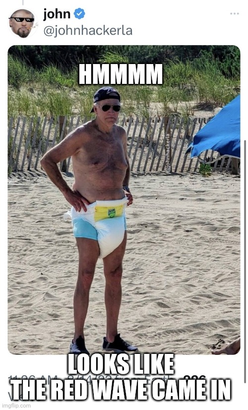Joe Biden diaper beach | HMMMM LOOKS LIKE THE RED WAVE CAME IN | image tagged in joe biden diaper beach | made w/ Imgflip meme maker