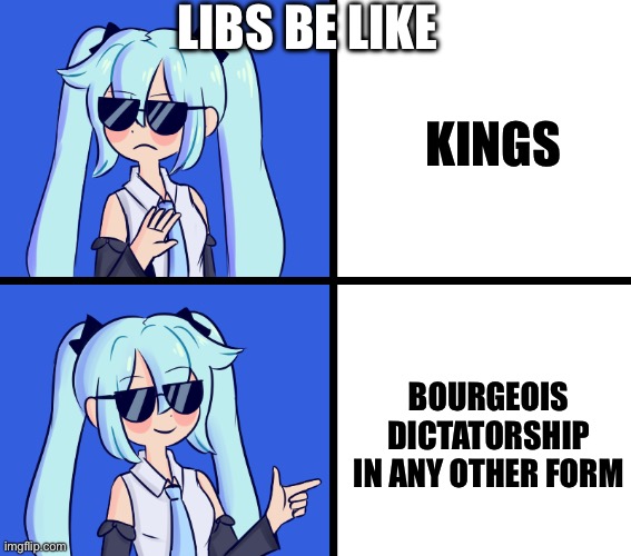 No kings protests | LIBS BE LIKE; KINGS; BOURGEOIS DICTATORSHIP IN ANY OTHER FORM | image tagged in hatsune miku drake hotline,liberals,marxism,communism,socialism,protest | made w/ Imgflip meme maker