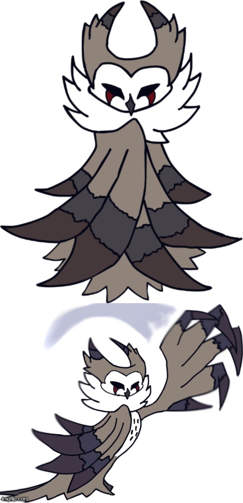 Finished drawing my Hollow Knight boss boi. i decided he should be a king, because hes a great horned owl. its his idle and attk | made w/ Imgflip meme maker