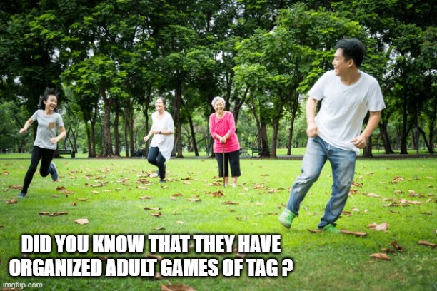 Did you know that there is a such thing as organized adult tag games? | DID YOU KNOW THAT THEY HAVE ORGANIZED ADULT GAMES OF TAG ? | image tagged in games,tag,adults,competition,funny,humor | made w/ Imgflip meme maker