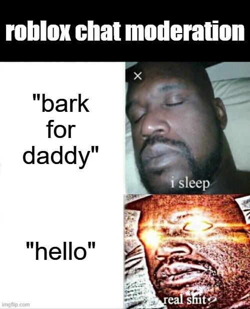Sleeping Shaq Meme | roblox chat moderation; "bark for daddy"; "hello" | image tagged in memes,sleeping shaq | made w/ Imgflip meme maker