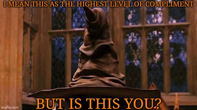 Posting This Because Funny | I MEAN THIS AS THE HIGHEST LEVEL OF COMPLIMENT BUT IS THIS YOU? | image tagged in how it feels to post without context,hogwarts sorting hat,this could be taken a few different ways,xd | made w/ Imgflip meme maker