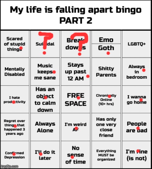 Not sure what counts as a breakdown or being suicidal cuz I got no grip on reality | image tagged in my life is falling apart bingo part 2 | made w/ Imgflip meme maker